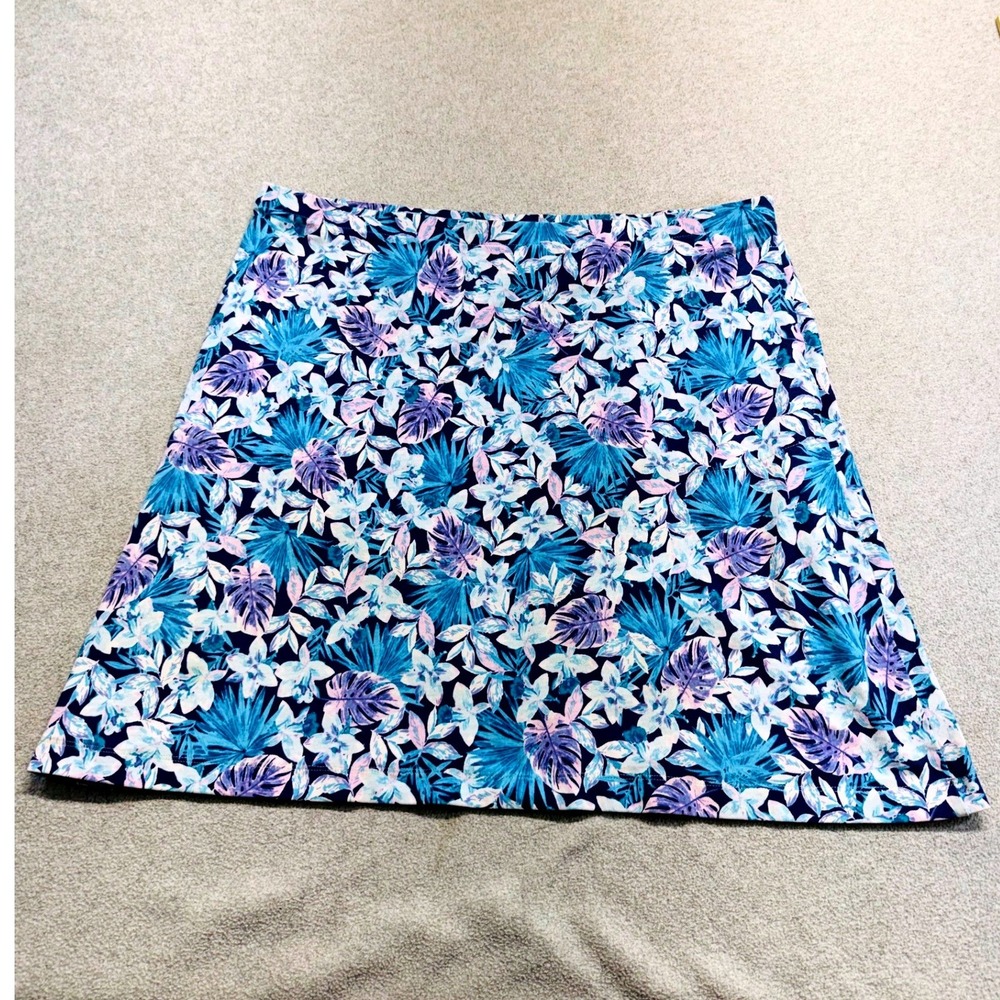 J. Jill A-Line Skirt Women L Blue Purple Tropical Floral Jersey Knit Mini Casual